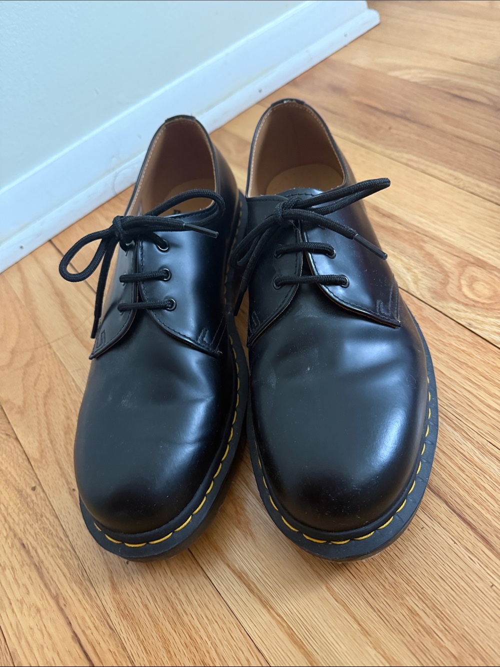 Dr. Martens Black Leather Derby Shoes with Yellow Stitching